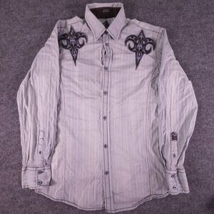 Roar Mens Blue Striped Button Shirt Size M Strength Refined Stitch Embroidered